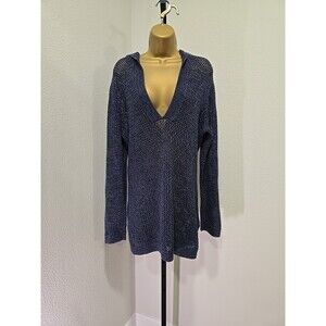 Blue Open Knit Hooded Sweater V Neck Womens Chicos 3 XXL Stretch Coastal Crochet